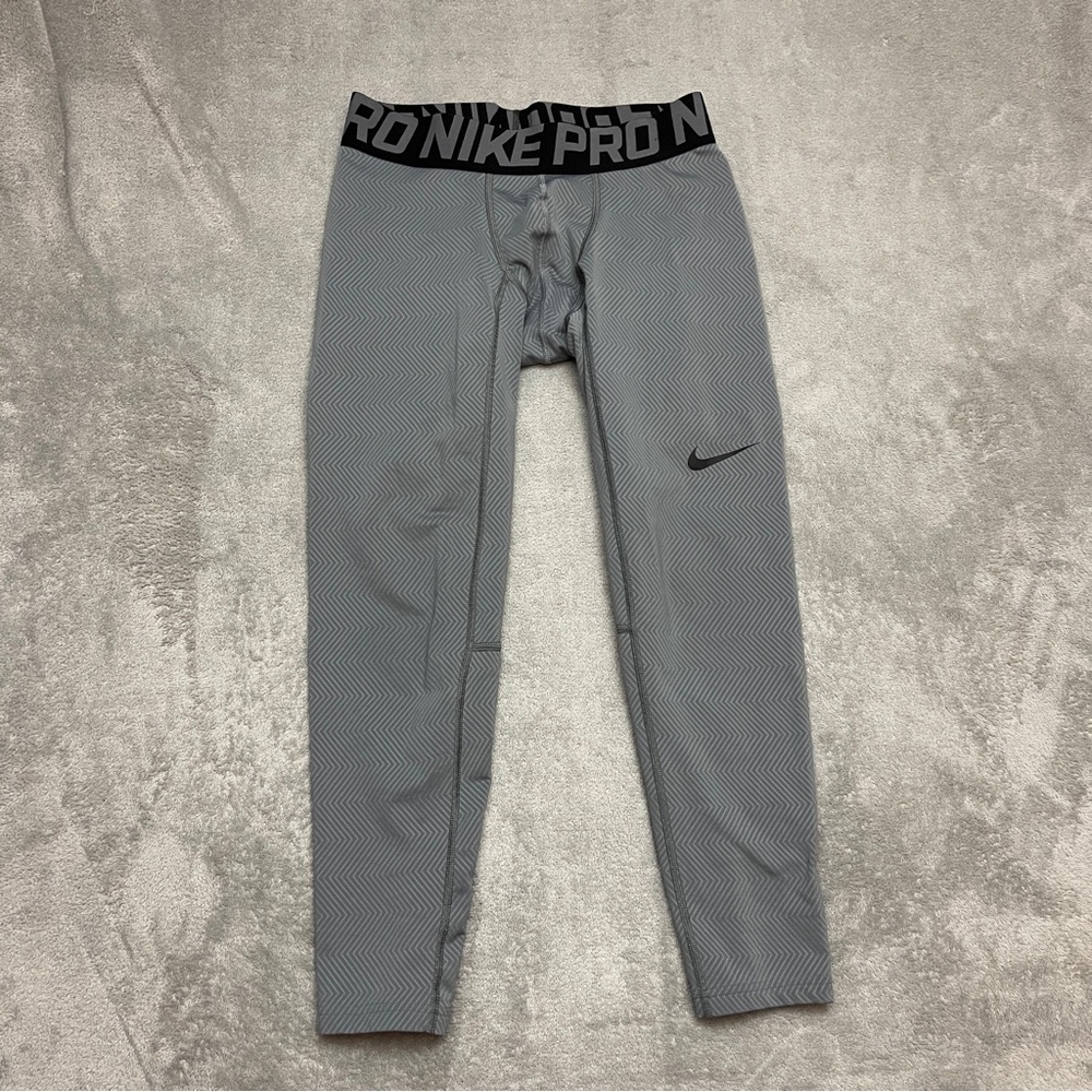 Nike Pro Mens Gray HYPERWARM Compression Tights Gray Chevron Pattern Size Large